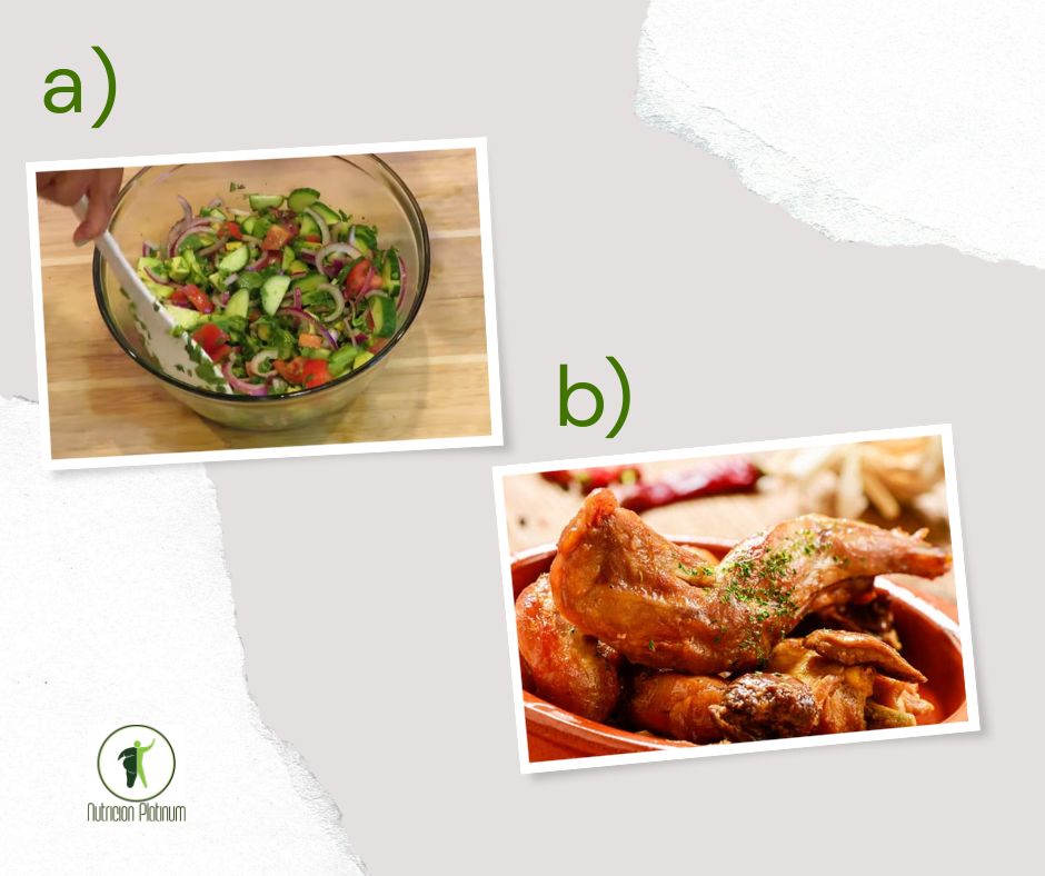 Ensalada de pepino y cilantro con conejo al ajillo.